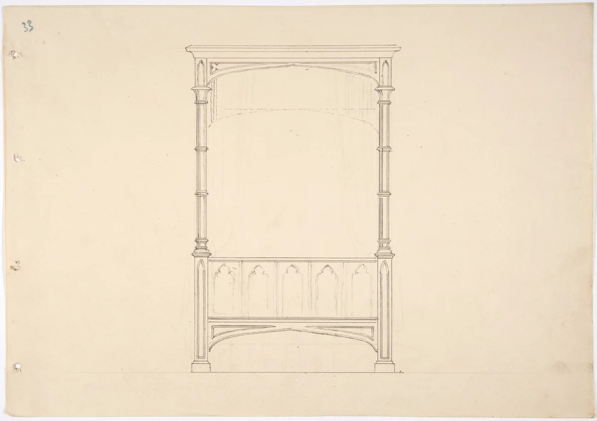 Design for a Gothic Bed by anonymous, drawing, 1800-1850
