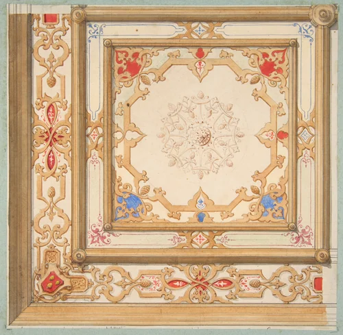 Partial design for a ceiling painted in strapwork and pine cone motifs by Jules-Edmond-Charles Lachaise, drawing, 1820-1897