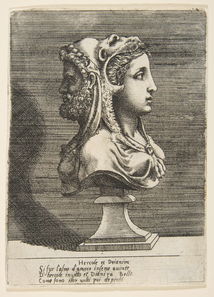 Bust of Hercules and Dejanira by Giulio Bonasone, print, 1526-1536