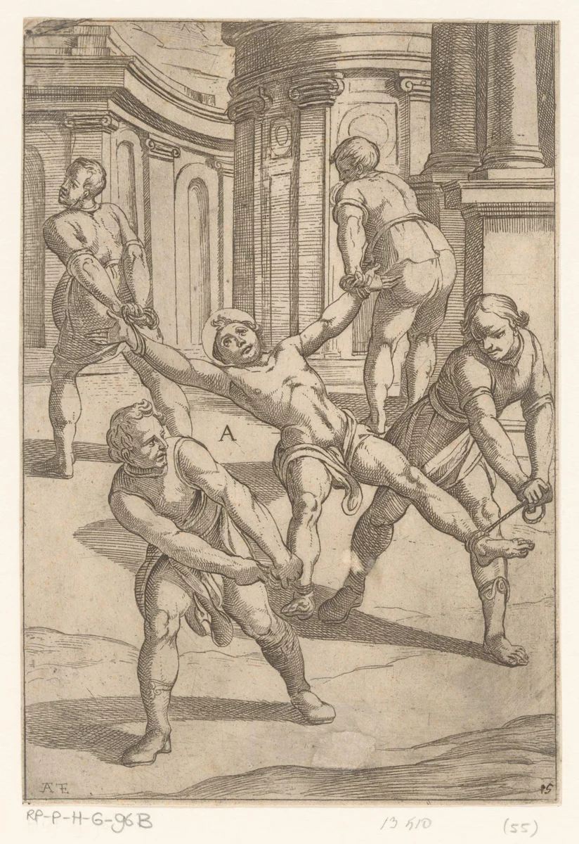 Foltering: vier mannen trekken aan ledematen van heilige by Unknown, print, 1565-1630