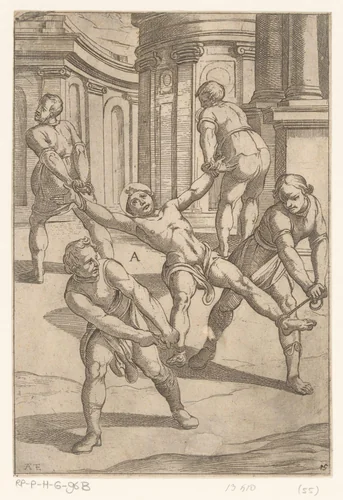 Foltering: vier mannen trekken aan ledematen van heilige by Unknown, print, 1565-1630