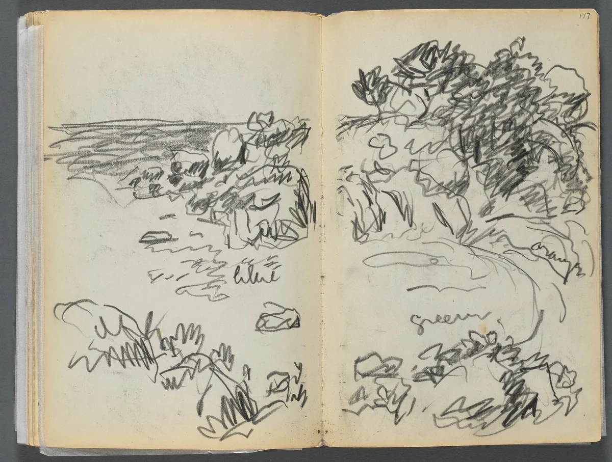 Sketchbook- The Granite Shore Hotel, Rockport, page 176 & 177: Landscape with Color Notations by Maurice Prendergast, book, 1905-1910