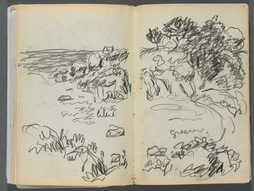 Sketchbook- The Granite Shore Hotel, Rockport, page 176 & 177: Landscape with Color Notations by Maurice Prendergast, book, 1905-1910