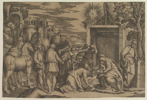 The Adoration of the Magi by Battista Franco, print, 1525-1566
