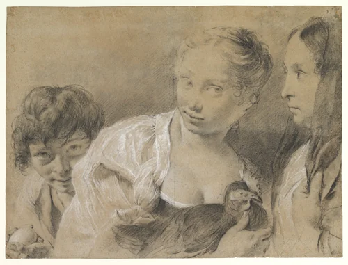 Boy with an Egg, Girl with a Hen, and a Watching Woman by Giovanni Battista Piazzetta, drawing, 1682-1754