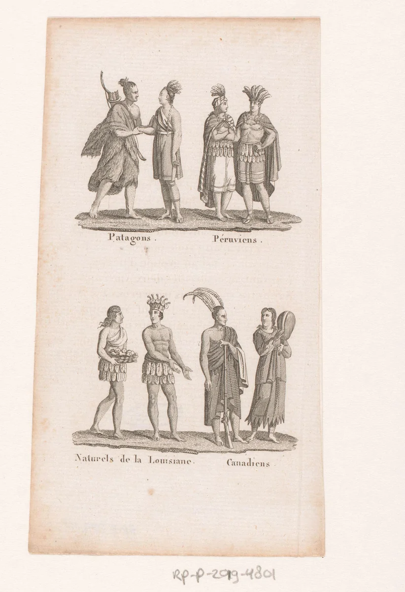 Mogelijk Selk'nam, Peruanen, oorspronkelijke bewoners van Louisiana en van Canada in klederdracht by anonymous, print, 1750-1800