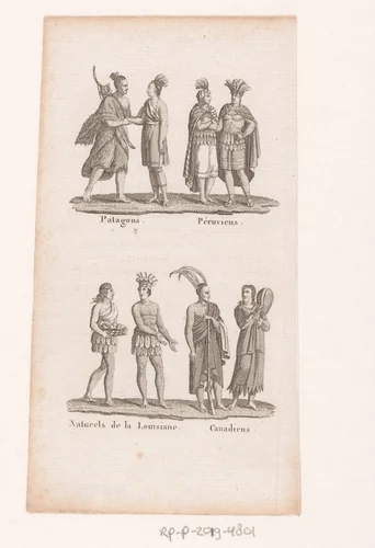 Mogelijk Selk'nam, Peruanen, oorspronkelijke bewoners van Louisiana en van Canada in klederdracht by anonymous, print, 1750-1800