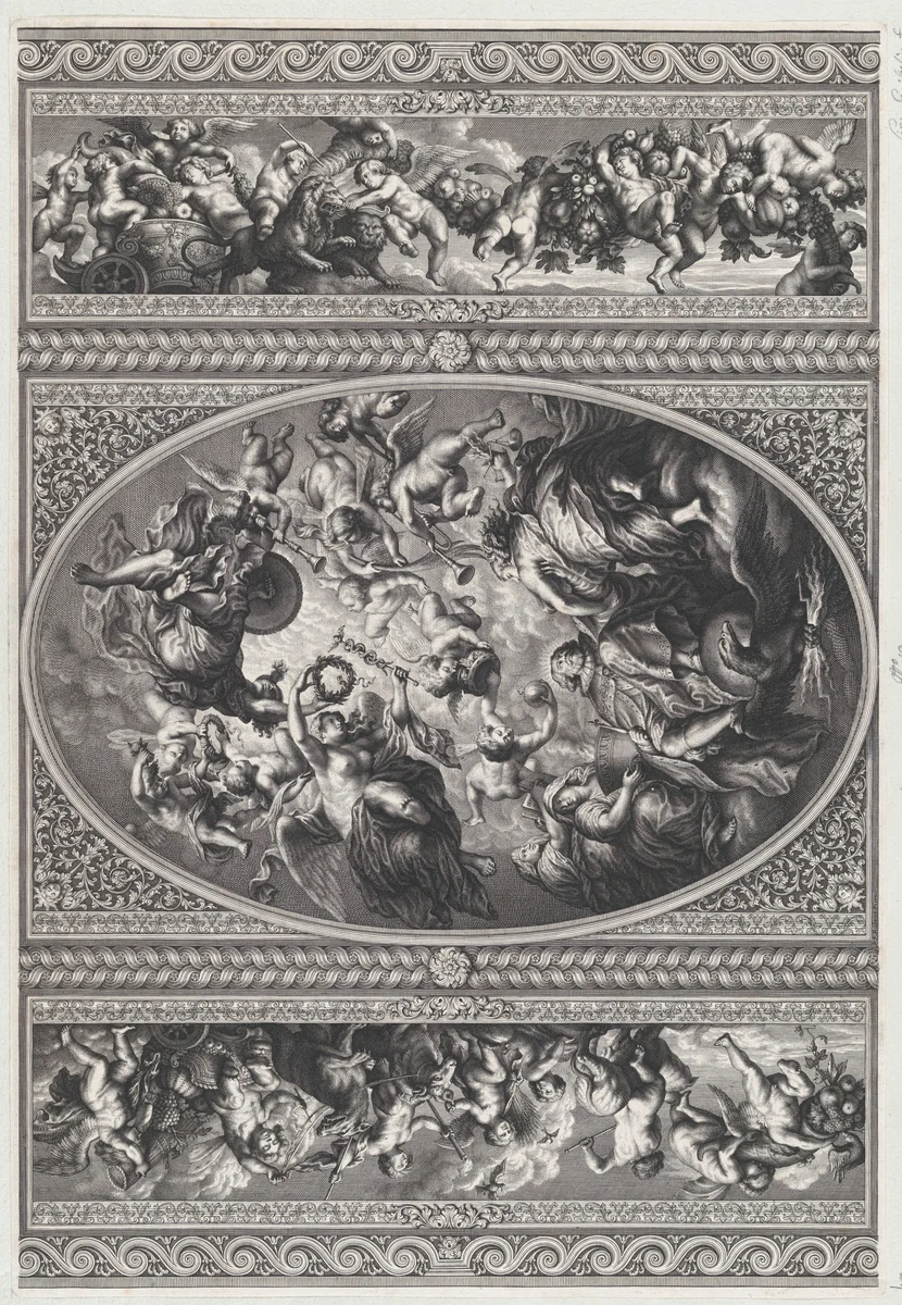 The apotheosis of James I in an oval at center, friezes with putti and garlands on either side by Simon Gribelin II, print, 1720
