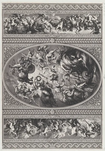 The apotheosis of James I in an oval at center, friezes with putti and garlands on either side by Simon Gribelin II, print, 1720