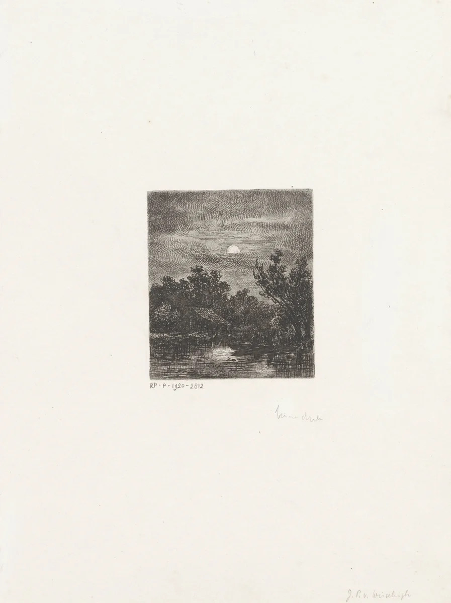 Vissers bij maanlicht by Johannes Pieter van Wisselingh, print, 1830-1878