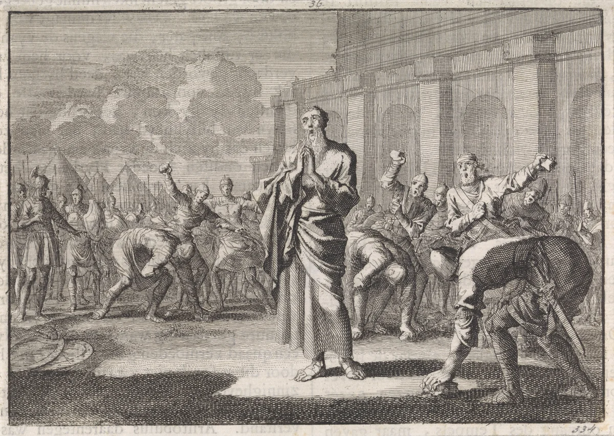 Onias gestenigd door Joden by Jan Luyken, print, 1704