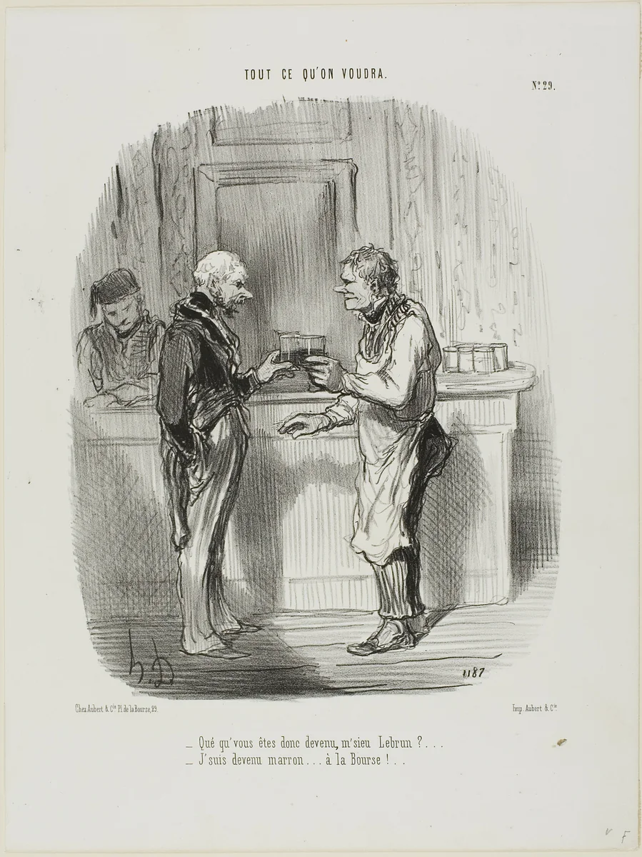 “- Whatever became of you, Mr. Brown? - I became an unlicensed broker at the Stock Exchange...,” plate 29 from Tout Ce Qu'on Voudra by Honoré-Victorin Daumier, print, 1848