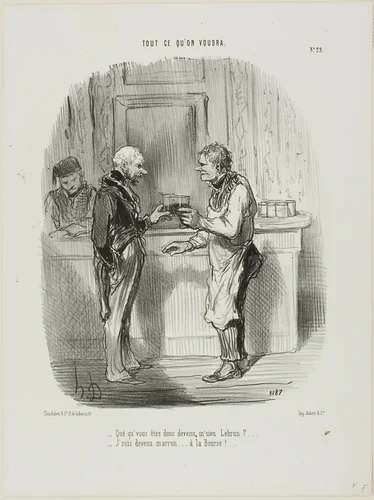 “- Whatever became of you, Mr. Brown? - I became an unlicensed broker at the Stock Exchange...,” plate 29 from Tout Ce Qu'on Voudra by Honoré-Victorin Daumier, print, 1848
