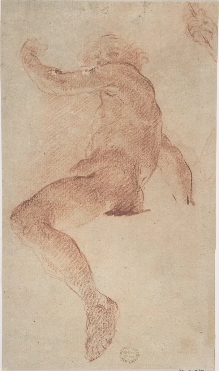 Seated Nude Male in Profile View Facing Left with Arm Raised; Fragment of Study of Right Hand by anonymous, drawing, 1600-1700