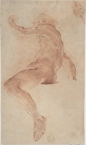 Seated Nude Male in Profile View Facing Left with Arm Raised; Fragment of Study of Right Hand by anonymous, drawing, 1600-1700