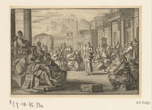 Paulus voor de leden van de Areopagus in Athene by Jan Luyken, print, 1703