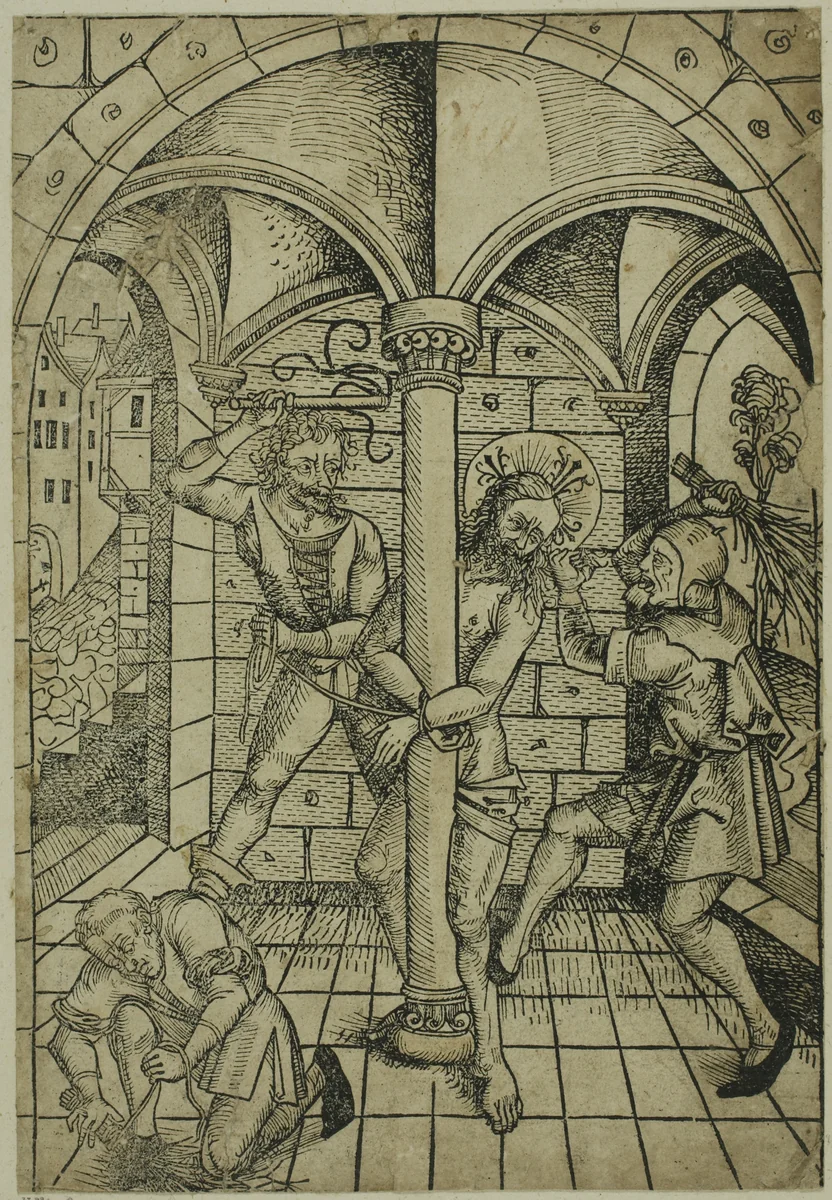 The Scourging of Christ (verso); The Israelites Enslaved in Egypt (recto), pages 70 and 69, from the Treasury (Schatzbehalter) by Michael Wolgemut, print, 1491