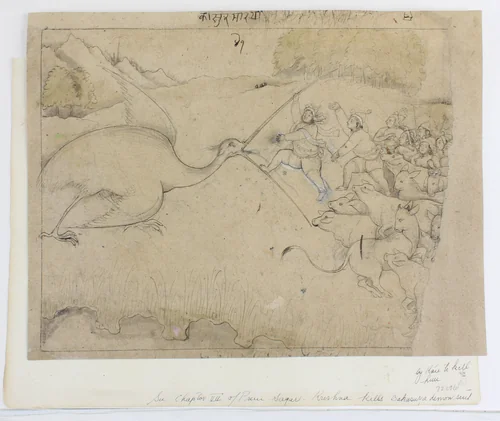 Krishna killing the crane demon Bakasura. Preparatory drawing for Bhagavata Purana series by Manaku, drawing, 1770-1800