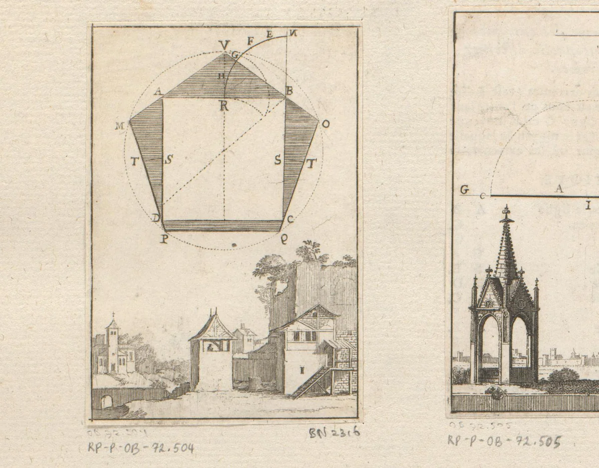 Vijfhoek rond een vierkant met onderaan zicht op een dorp by Sébastien Leclerc, print, 1669