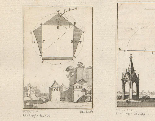 Vijfhoek rond een vierkant met onderaan zicht op een dorp by Sébastien Leclerc, print, 1669