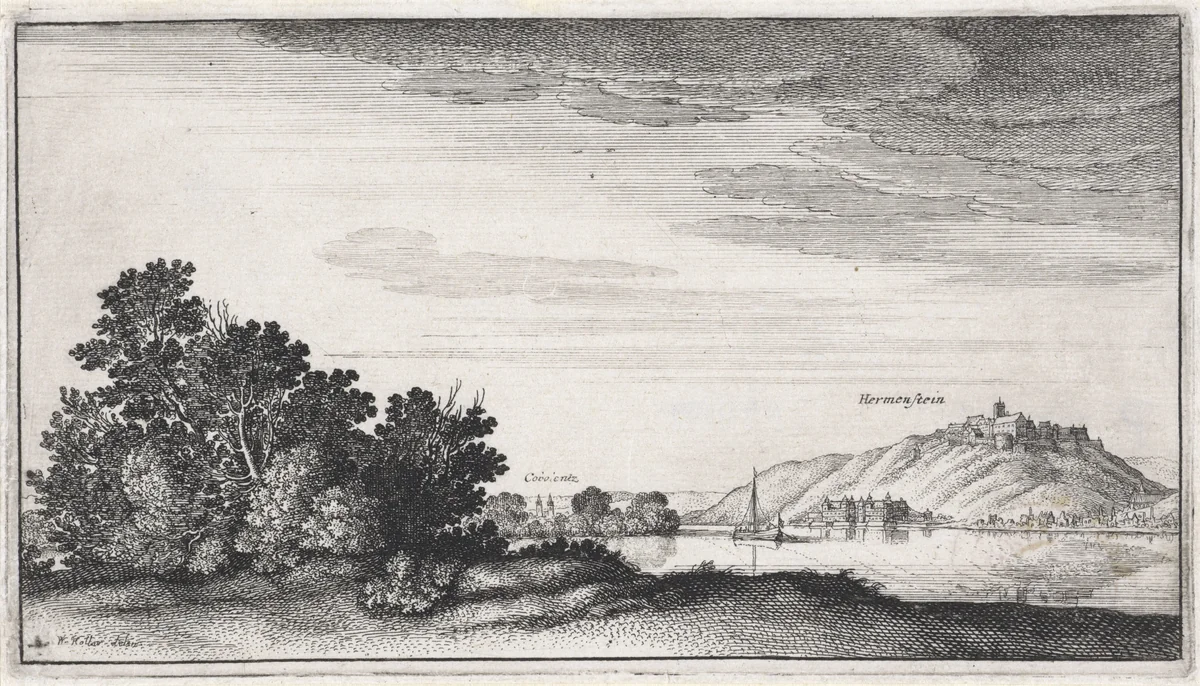 Landschap met gezicht op Koblenz en Ehrenbreitstein by Wenceslaus Hollar, print, 1643-1644