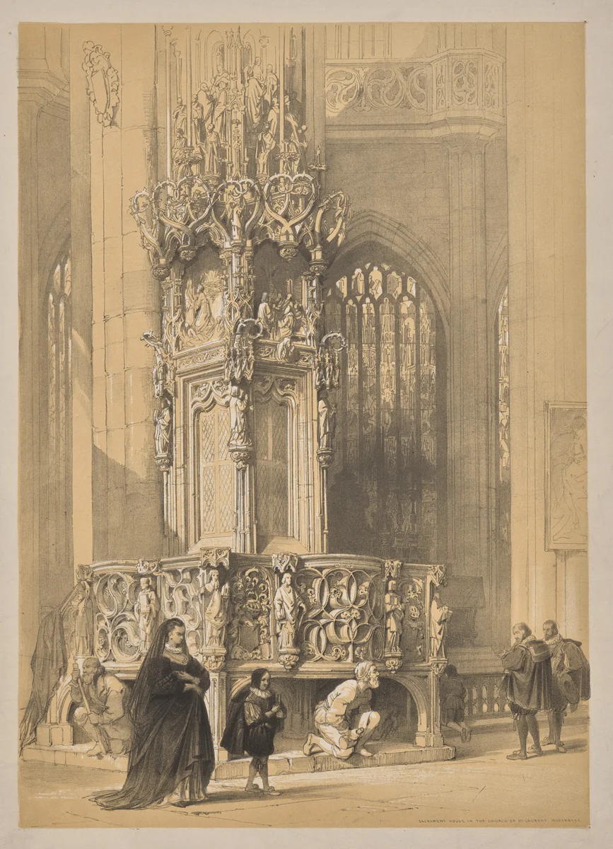 Sketches in Belgium and Germany, First Series, Sacrament House in the Church of St. Laurent, Nuremberg by Louis Haghe, print, 1845