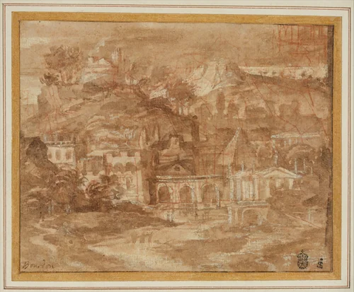 A Classical Landscape with Buildings by a River by Sébastien Bourdon, drawing, 1620-1675