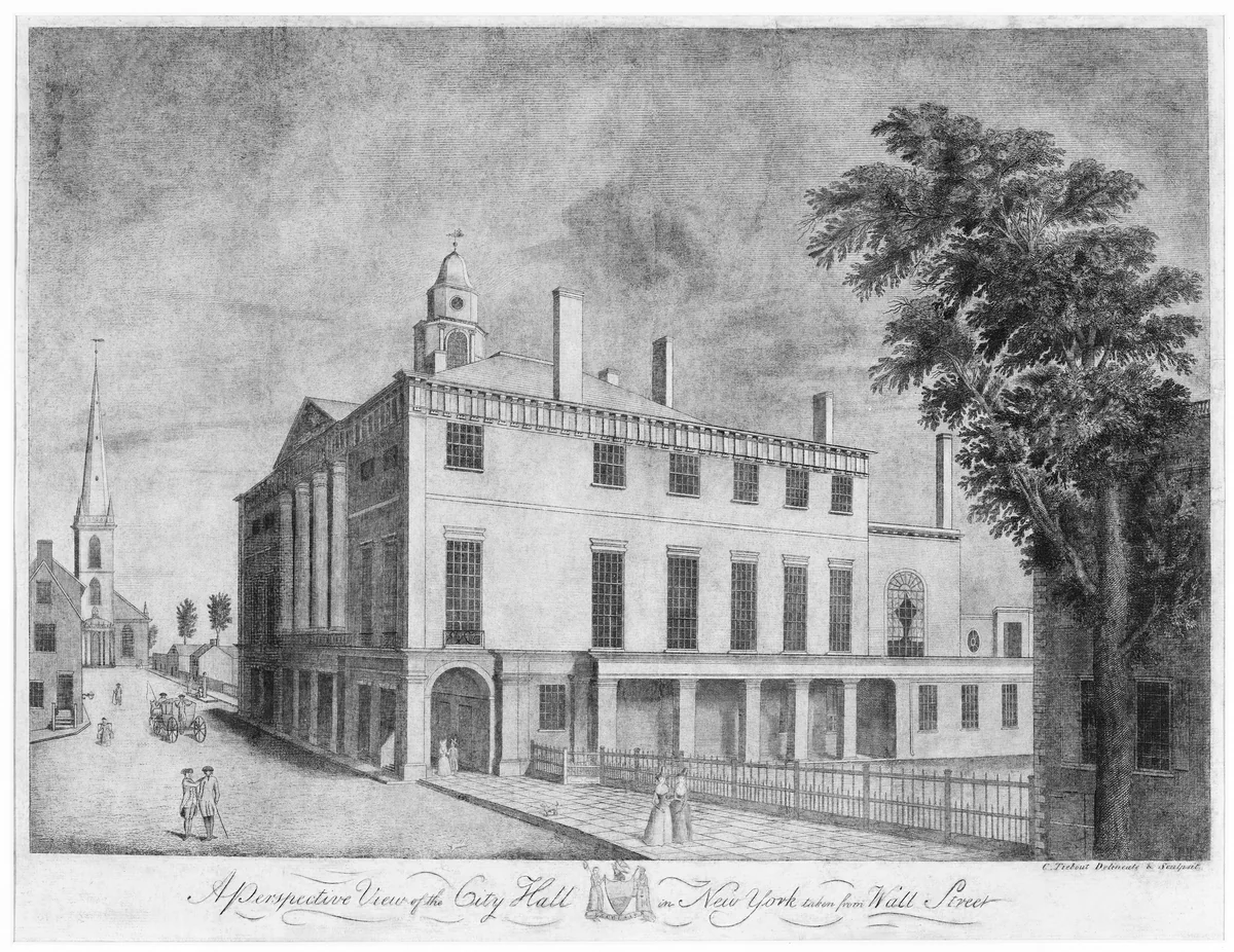 A Perspective View of the City Hall in New York, Taken from Wall Street by Cornelius Tiebout, print, 1791-1793