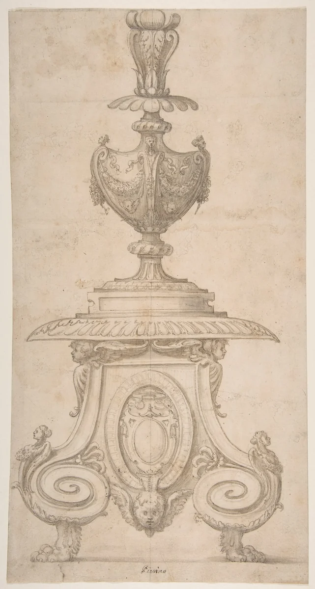 Design for Candlestick or for a Crucifix Base by Perino del Vaga, drawing, 1540-1547