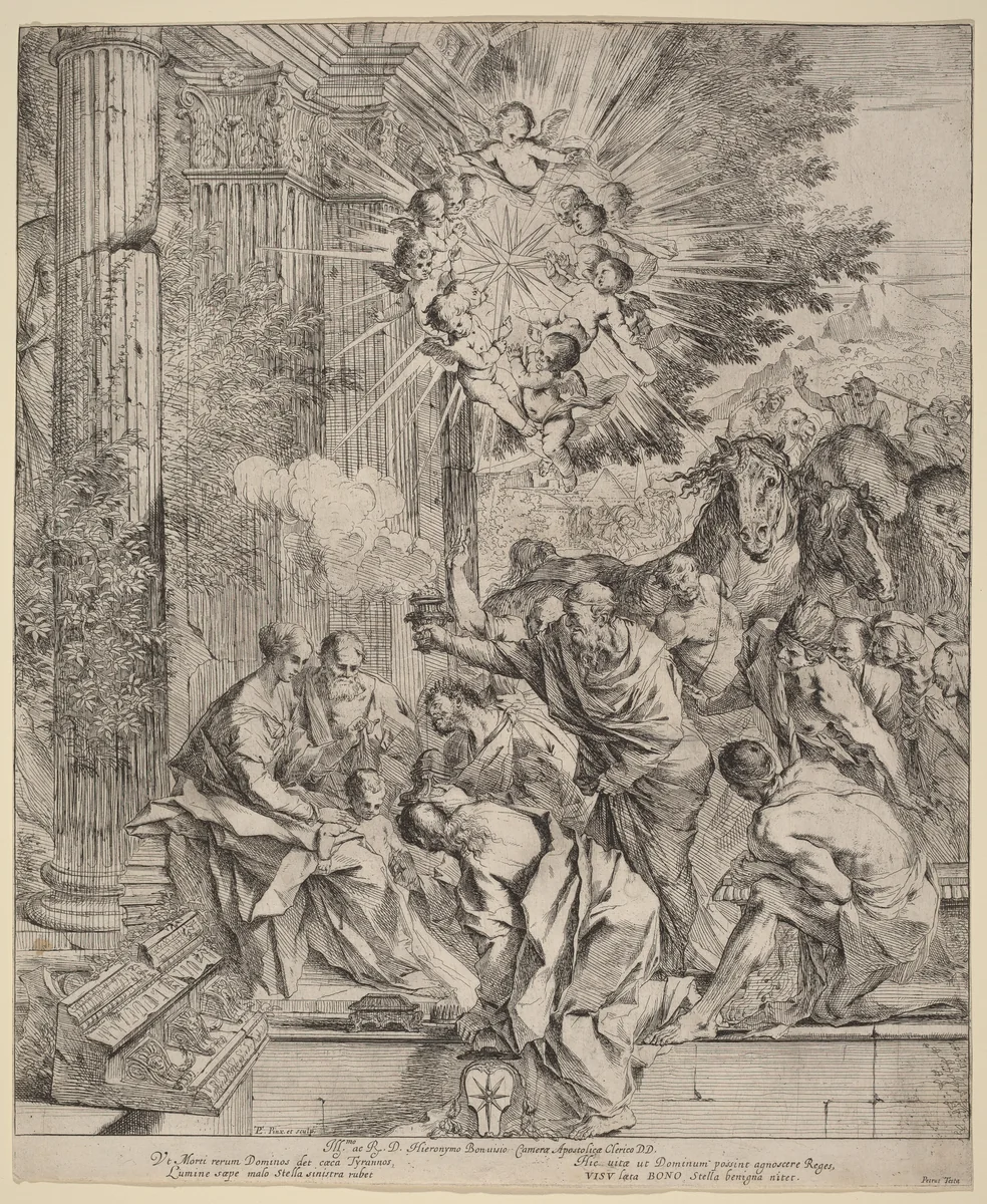 The Adoration of the Magi by Pietro Testa, print, 1635-1645