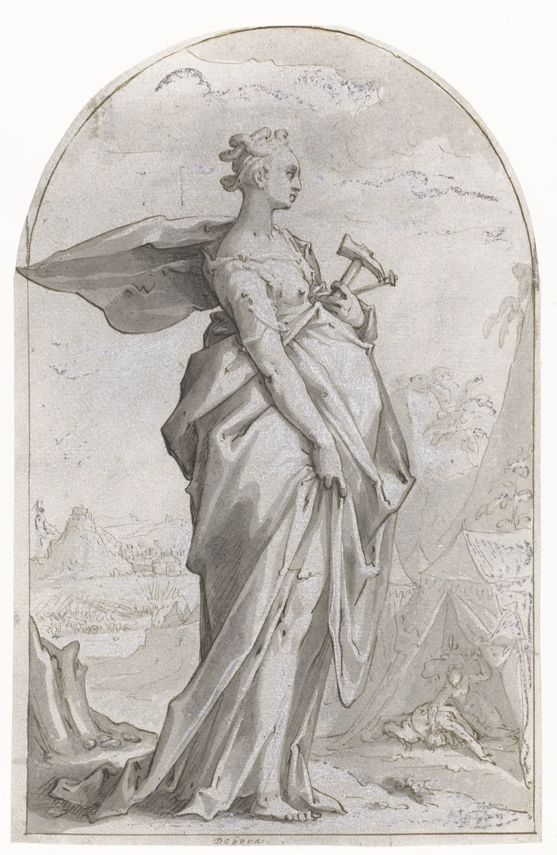 Jael met een hamer en een grote spijker by Hendrick Goltzius, drawing, 1586-1590