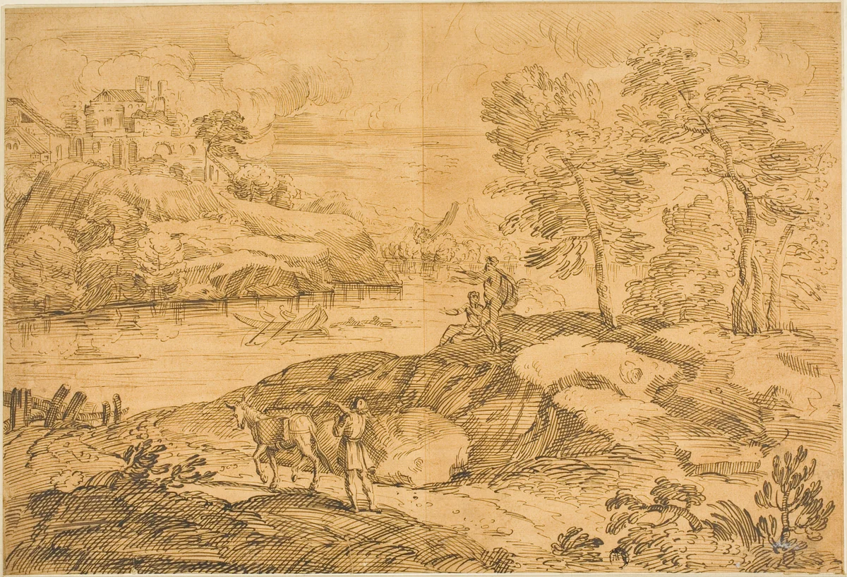 River Landscape with Man and Donkey, Bathers by Andrea Locatelli, drawing, 1600-1800