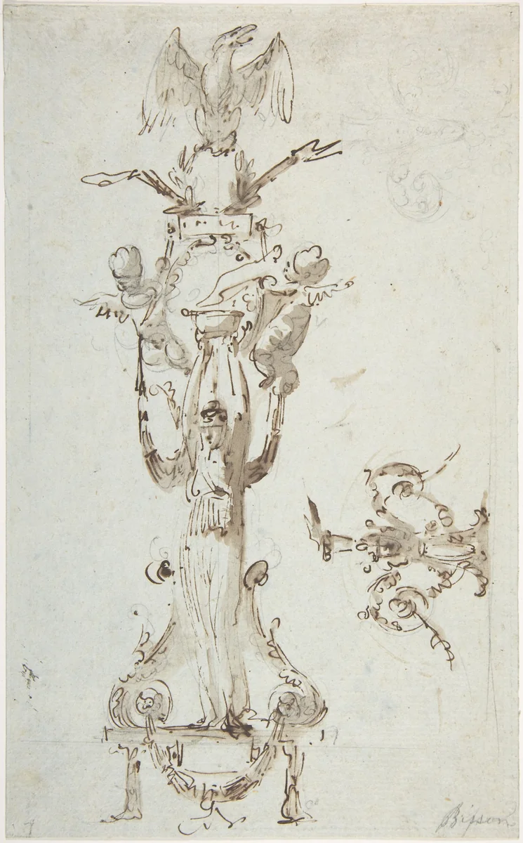 Ornamental Design with Caryatid Figure Standing on Stool and Holding a Bowl; Puttis on the Sides Hold Drapery and Support Base with an Eagle; on the Right Side Decorative Figures with Acanthus surmounted by Flowing. by Giuseppe Bernardino Bison, drawing, 1762-1844