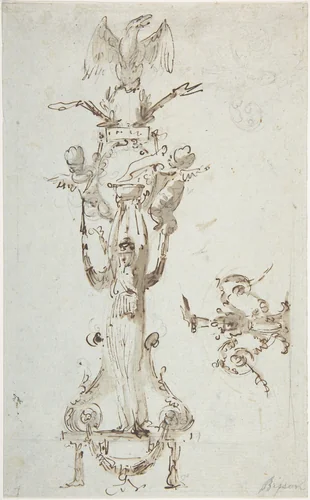 Ornamental Design with Caryatid Figure Standing on Stool and Holding a Bowl; Puttis on the Sides Hold Drapery and Support Base with an Eagle; on the Right Side Decorative Figures with Acanthus surmounted by Flowing. by Giuseppe Bernardino Bison, drawing, 1762-1844