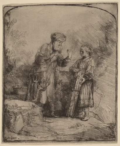Abraham and Isaac by Rembrandt van Rijn, print, 1645