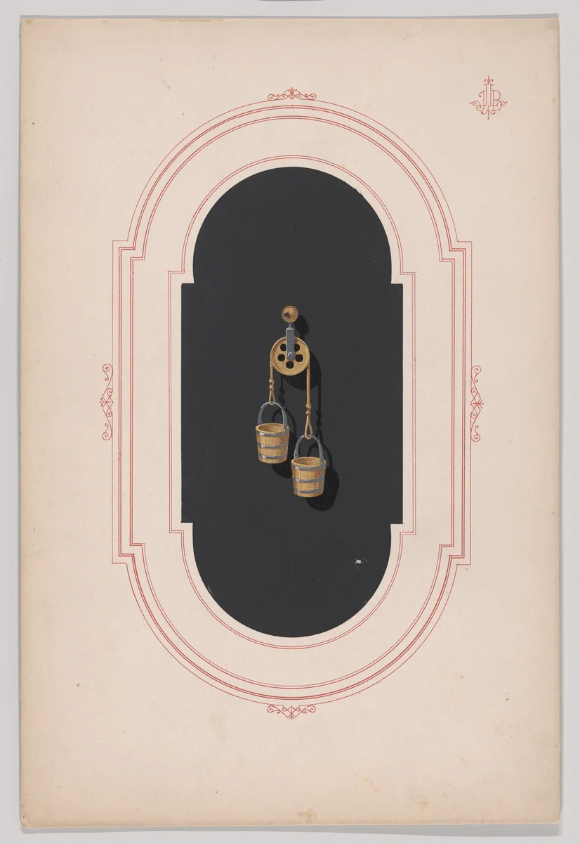 Design for a Gold Earring with Two Buckets and Pulley by anonymous, drawing, 1865-1905