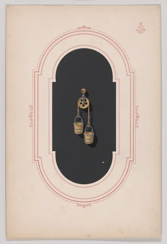 Design for a Gold Earring with Two Buckets and Pulley by anonymous, drawing, 1865-1905