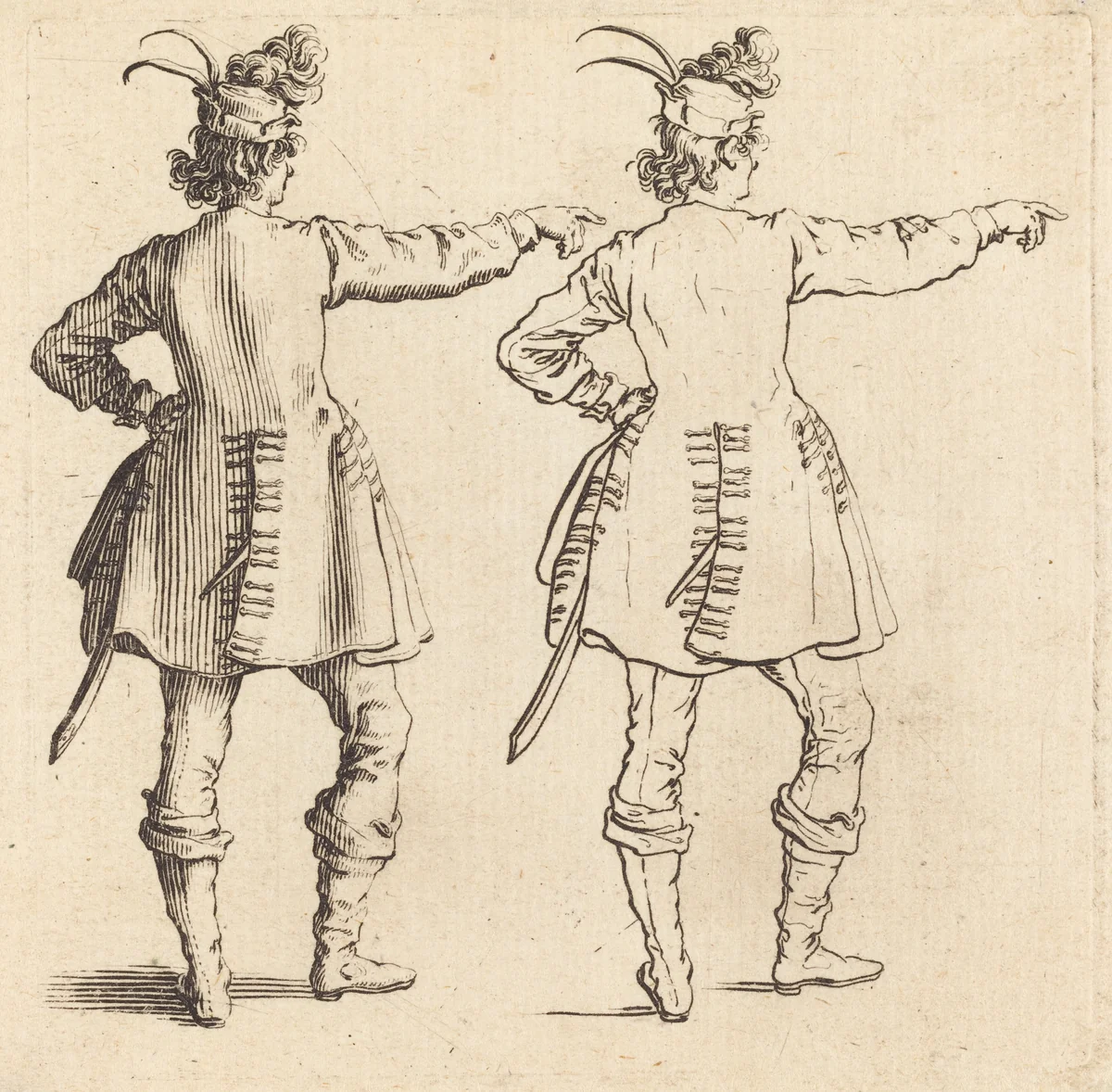 Officer with Feathers in Cap, Seen from Behind by Jacques Callot, print, 1621-1624