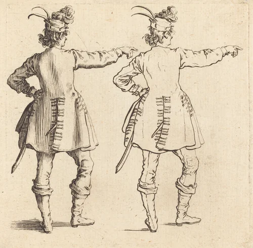 Officer with Feathers in Cap, Seen from Behind by Jacques Callot, print, 1621-1624