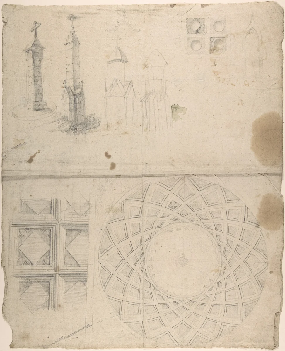 Design for coffered cupola interior and monuments (recto); details of wall decoration (verso) by anonymous, drawing, 1800-1850