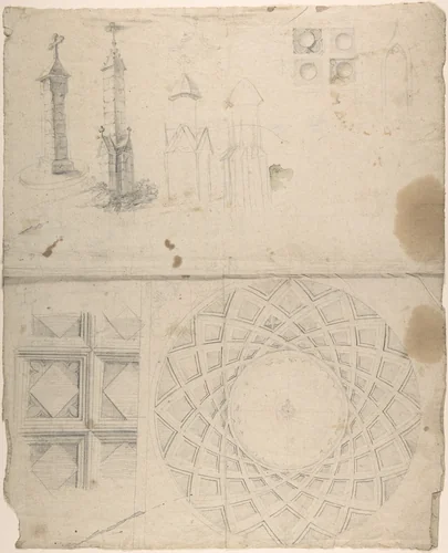 Design for coffered cupola interior and monuments (recto); details of wall decoration (verso) by anonymous, drawing, 1800-1850