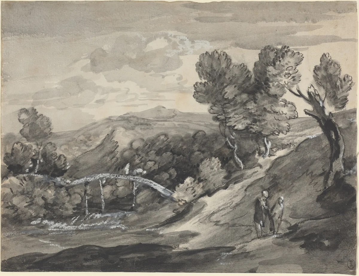 Wooded Upland Landscape with a Bridge by Thomas Gainsborough, drawing, 1780