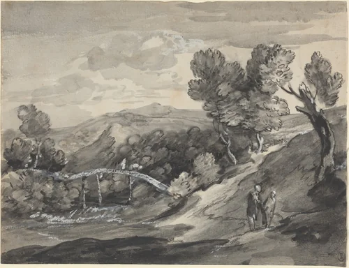 Wooded Upland Landscape with a Bridge by Thomas Gainsborough, drawing, 1780