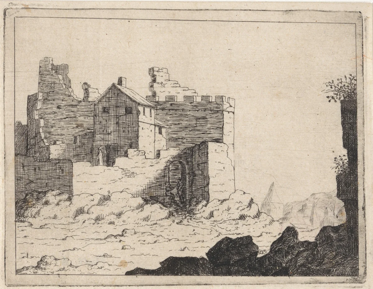 Huis te midden van een muur met kantelen by M. Schaep, print, 1648