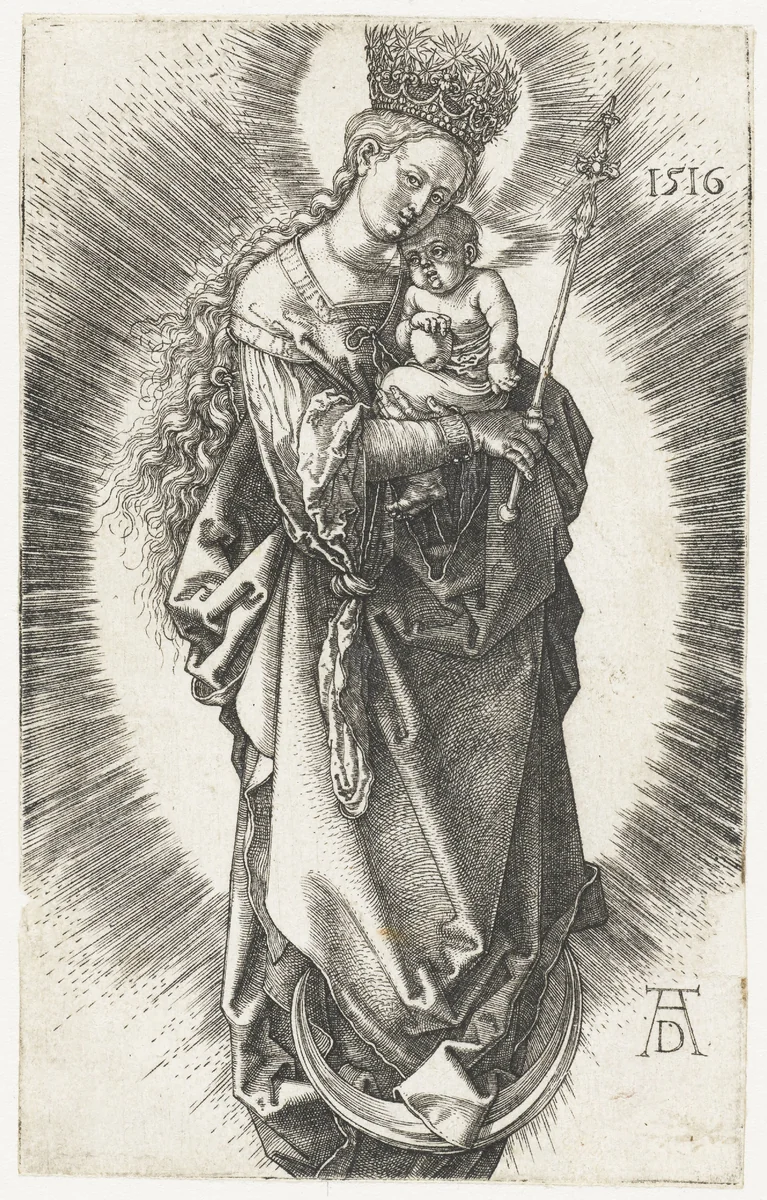 Maria, een sterrenkroon op het hoofd en een scepter in de hand, met kind op de maansikkel by Unknown, print, 1516