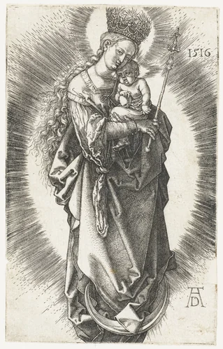 Maria, een sterrenkroon op het hoofd en een scepter in de hand, met kind op de maansikkel by Unknown, print, 1516