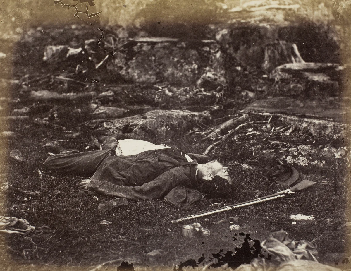 A Sharpshooter's Last Sleep, Gettysburg, Pennsylvania by Alexander Gardner, photograph, 1863