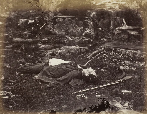 A Sharpshooter's Last Sleep, Gettysburg, Pennsylvania by Alexander Gardner, photograph, 1863