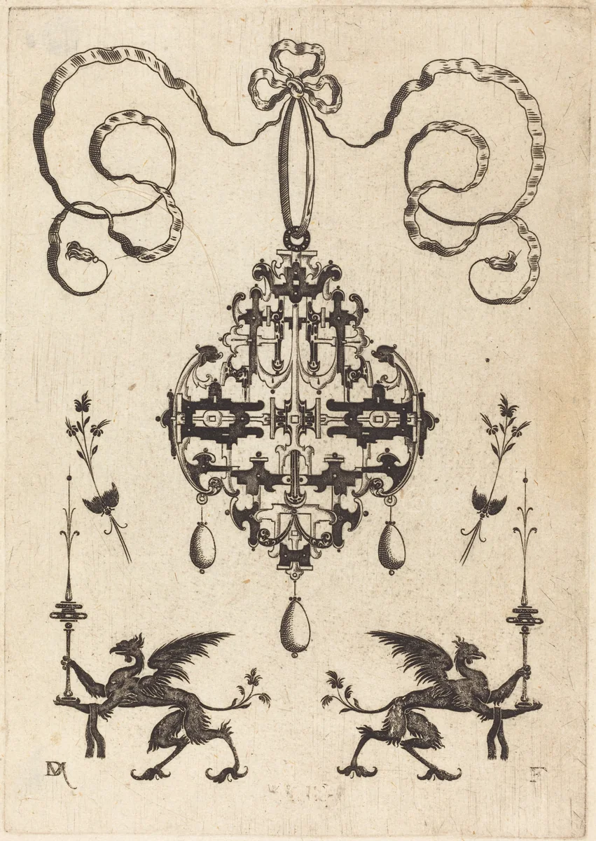 Large Pendant, Lower Left and Right Two Griffins Carrying Fantasy Candlesticks by Daniel Mignot, print, 1596