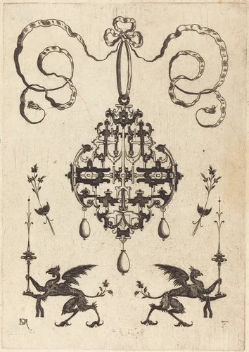 Large Pendant, Lower Left and Right Two Griffins Carrying Fantasy Candlesticks by Daniel Mignot, print, 1596